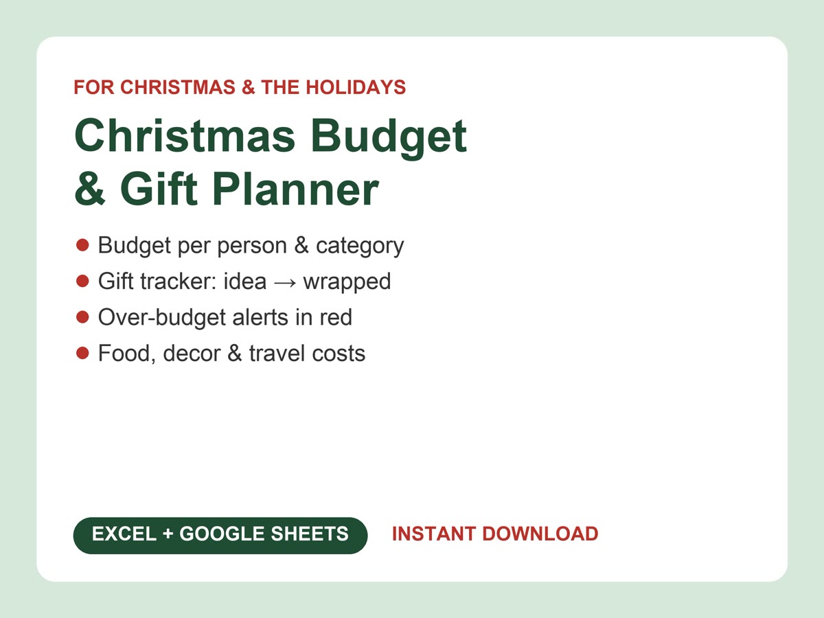 The Christmas Budget & Gift Planner cover: budget per person, gift tracker, over-budget alerts